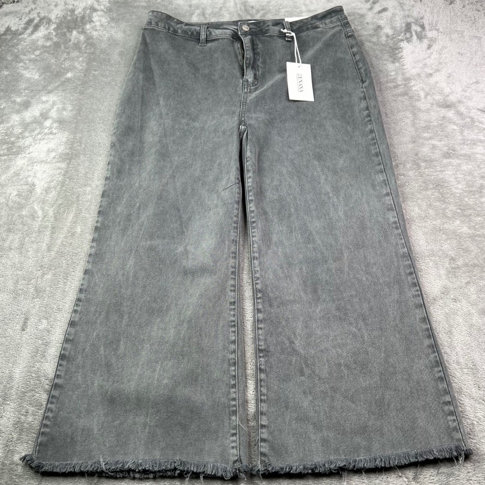 Zenana Wide Leg Jeans Womens XL Grey Solid Stretch High Rise Raw‎ Fringe Hem